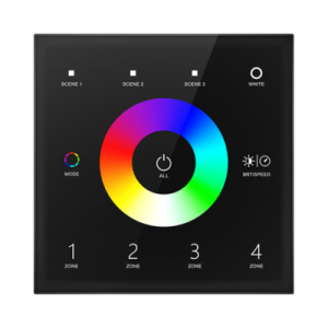 4 Zone RGBW Wall Controller Black. RGBW colour wheel, save up to 3 preset scenes, dedicated white control, mode and speed control