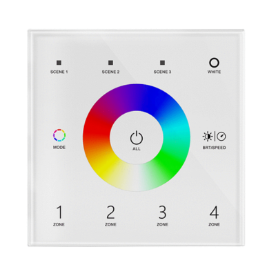 4 Zone RGBW Wall Controller White. RGBW colour wheel, save up to 3 preset scenes, dedicated white control, mode and speed control
